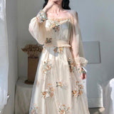 LoveFery Transparent Floral and Leaf Design Long Sleeved Dress