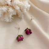 lutaotie Preserved Rose Bud Raindrop Flower Drop Stud Earrings