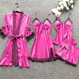 LANFUBEISI 4 Pieces  Women Pajamas Sets Satin Sleepwear Silk Nightwear Pyjama Soild Strap Lace Sleep Lounge Pijama With Chest Pads