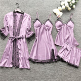 LANFUBEISI 4 Pieces  Women Pajamas Sets Satin Sleepwear Silk Nightwear Pyjama Soild Strap Lace Sleep Lounge Pijama With Chest Pads