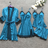 LANFUBEISI 4 Pieces  Women Pajamas Sets Satin Sleepwear Silk Nightwear Pyjama Soild Strap Lace Sleep Lounge Pijama With Chest Pads