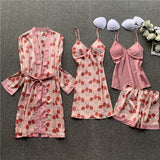 LANFUBEISI 4 Pieces  Women Pajamas Sets Satin Sleepwear Silk Nightwear Pyjama Soild Strap Lace Sleep Lounge Pijama With Chest Pads