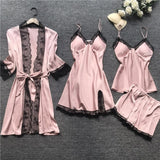 LANFUBEISI 4 Pieces  Women Pajamas Sets Satin Sleepwear Silk Nightwear Pyjama Soild Strap Lace Sleep Lounge Pijama With Chest Pads