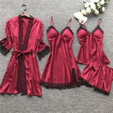 LANFUBEISI 4 Pieces  Women Pajamas Sets Satin Sleepwear Silk Nightwear Pyjama Soild Strap Lace Sleep Lounge Pijama With Chest Pads