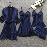 LANFUBEISI 4 Pieces  Women Pajamas Sets Satin Sleepwear Silk Nightwear Pyjama Soild Strap Lace Sleep Lounge Pijama With Chest Pads