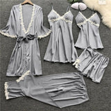 LANFUBEISI 4 Pieces  Women Pajamas Sets Satin Sleepwear Silk Nightwear Pyjama Soild Strap Lace Sleep Lounge Pijama With Chest Pads