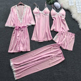 LANFUBEISI 4 Pieces  Women Pajamas Sets Satin Sleepwear Silk Nightwear Pyjama Soild Strap Lace Sleep Lounge Pijama With Chest Pads