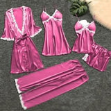 LANFUBEISI 4 Pieces  Women Pajamas Sets Satin Sleepwear Silk Nightwear Pyjama Soild Strap Lace Sleep Lounge Pijama With Chest Pads