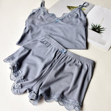 LANFUBEISI Two Piece Cotton Pajamas Set for Women Sexy Lace Top And Shorts Pajama Spaghetti Strap Sleepwear High Elastic Woman Clothes