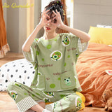 LANFUBEISI Summer Home Clothing M-5XL Big Size Ladies's Pajamas Green Patchwork Sleeves Cartoon Printing Plus Size Women's Sleepwear