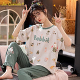 LANFUBEISI Summer Home Clothing M-5XL Big Size Ladies's Pajamas Green Patchwork Sleeves Cartoon Printing Plus Size Women's Sleepwear