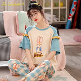 LANFUBEISI Summer Home Clothing M-5XL Big Size Ladies's Pajamas Green Patchwork Sleeves Cartoon Printing Plus Size Women's Sleepwear