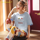 LANFUBEISI Summer Home Clothing M-5XL Big Size Ladies's Pajamas Green Patchwork Sleeves Cartoon Printing Plus Size Women's Sleepwear