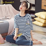 LANFUBEISI Summer Home Clothing M-5XL Big Size Ladies's Pajamas Green Patchwork Sleeves Cartoon Printing Plus Size Women's Sleepwear