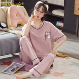 LANFUBEISI Summer Home Clothing M-5XL Big Size Ladies's Pajamas Green Patchwork Sleeves Cartoon Printing Plus Size Women's Sleepwear