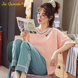 LANFUBEISI Summer Home Clothing M-5XL Big Size Ladies's Pajamas Green Patchwork Sleeves Cartoon Printing Plus Size Women's Sleepwear