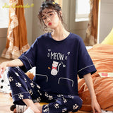 LANFUBEISI Summer Home Clothing M-5XL Big Size Ladies's Pajamas Green Patchwork Sleeves Cartoon Printing Plus Size Women's Sleepwear