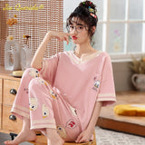 LANFUBEISI Summer Home Clothing M-5XL Big Size Ladies's Pajamas Green Patchwork Sleeves Cartoon Printing Plus Size Women's Sleepwear