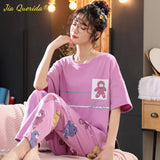 LANFUBEISI Summer Home Clothing M-5XL Big Size Ladies's Pajamas Green Patchwork Sleeves Cartoon Printing Plus Size Women's Sleepwear