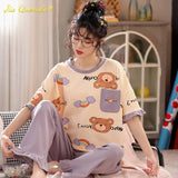 LANFUBEISI Summer Home Clothing M-5XL Big Size Ladies's Pajamas Green Patchwork Sleeves Cartoon Printing Plus Size Women's Sleepwear