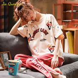 LANFUBEISI Summer Home Clothing M-5XL Big Size Ladies's Pajamas Green Patchwork Sleeves Cartoon Printing Plus Size Women's Sleepwear