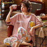 LANFUBEISI Summer Home Clothing M-5XL Big Size Ladies's Pajamas Green Patchwork Sleeves Cartoon Printing Plus Size Women's Sleepwear