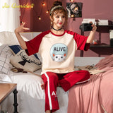 LANFUBEISI Summer Home Clothing M-5XL Big Size Ladies's Pajamas Green Patchwork Sleeves Cartoon Printing Plus Size Women's Sleepwear