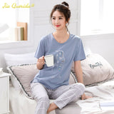 LANFUBEISI Summer Home Clothing M-5XL Big Size Ladies's Pajamas Green Patchwork Sleeves Cartoon Printing Plus Size Women's Sleepwear