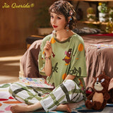 LANFUBEISI Summer Home Clothing M-5XL Big Size Ladies's Pajamas Green Patchwork Sleeves Cartoon Printing Plus Size Women's Sleepwear