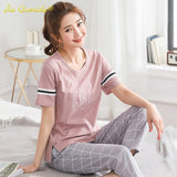 LANFUBEISI Summer Home Clothing M-5XL Big Size Ladies's Pajamas Green Patchwork Sleeves Cartoon Printing Plus Size Women's Sleepwear