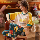 LANFUBEISI Summer Home Clothing M-5XL Big Size Ladies's Pajamas Green Patchwork Sleeves Cartoon Printing Plus Size Women's Sleepwear