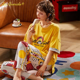 LANFUBEISI Summer Home Clothing M-5XL Big Size Ladies's Pajamas Green Patchwork Sleeves Cartoon Printing Plus Size Women's Sleepwear