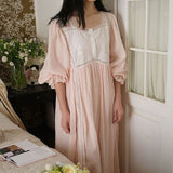 Hanxiuju Delicate Vintage Embroidery Cotton Women's Long Nightgowns Luxury Sleepwear Elegant Loose Nighty Spring Autumn Dress