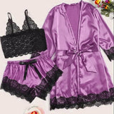 LANFUBEISI Long sleeve Womens Pajamas Sexy Lace Lingerie Nightwear Underwear Sleepwear 3PC Suit Pajama Sets For Women Pijama Mujer