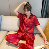 Newest Silk Pajamas for Women Sweet Leopard Pyjamas Woman Elegant Short Sleeve Long Pant Homewear Ladies Sleepwear Sets