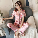 Newest Silk Pajamas for Women Sweet Leopard Pyjamas Woman Elegant Short Sleeve Long Pant Homewear Ladies Sleepwear Sets