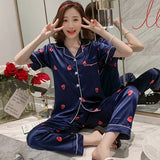 Newest Silk Pajamas for Women Sweet Leopard Pyjamas Woman Elegant Short Sleeve Long Pant Homewear Ladies Sleepwear Sets