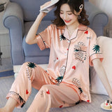 Newest Silk Pajamas for Women Sweet Leopard Pyjamas Woman Elegant Short Sleeve Long Pant Homewear Ladies Sleepwear Sets