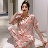 Newest Silk Pajamas for Women Sweet Leopard Pyjamas Woman Elegant Short Sleeve Long Pant Homewear Ladies Sleepwear Sets