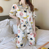 Newest Silk Pajamas for Women Sweet Leopard Pyjamas Woman Elegant Short Sleeve Long Pant Homewear Ladies Sleepwear Sets