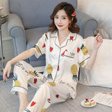 Newest Silk Pajamas for Women Sweet Leopard Pyjamas Woman Elegant Short Sleeve Long Pant Homewear Ladies Sleepwear Sets