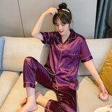 Newest Silk Pajamas for Women Sweet Leopard Pyjamas Woman Elegant Short Sleeve Long Pant Homewear Ladies Sleepwear Sets