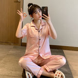 Newest Silk Pajamas for Women Sweet Leopard Pyjamas Woman Elegant Short Sleeve Long Pant Homewear Ladies Sleepwear Sets