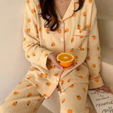 LANFUBEISI Cotton Home Suits Korean Sleepwear Orange Print Pajamas for Women Summer Pyjamas Girls Pijama Short and Long Sleeve Pjs