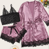 LANFUBEISI Long sleeve Womens Pajamas Sexy Lace Lingerie Nightwear Underwear Sleepwear 3PC Suit Pajama Sets For Women Pijama Mujer