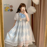 lutaotie Pastel Chessboard Bunny Piece Fairycore Dress with Optional Bow