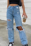 Lutaotie Fashion Sexy Solid Ripped Mid Waist Straight Denim