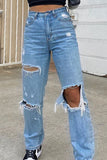 Lutaotie Fashion Sexy Solid Ripped Mid Waist Straight Denim