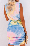 Lutaotie Elegant Tie Dye Fold O Neck Wrapped Skirt Dresses