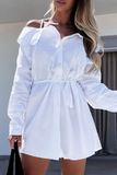 lutaotie Solid Buckle With Belt Off the Shoulder Irregular Dress Dresses